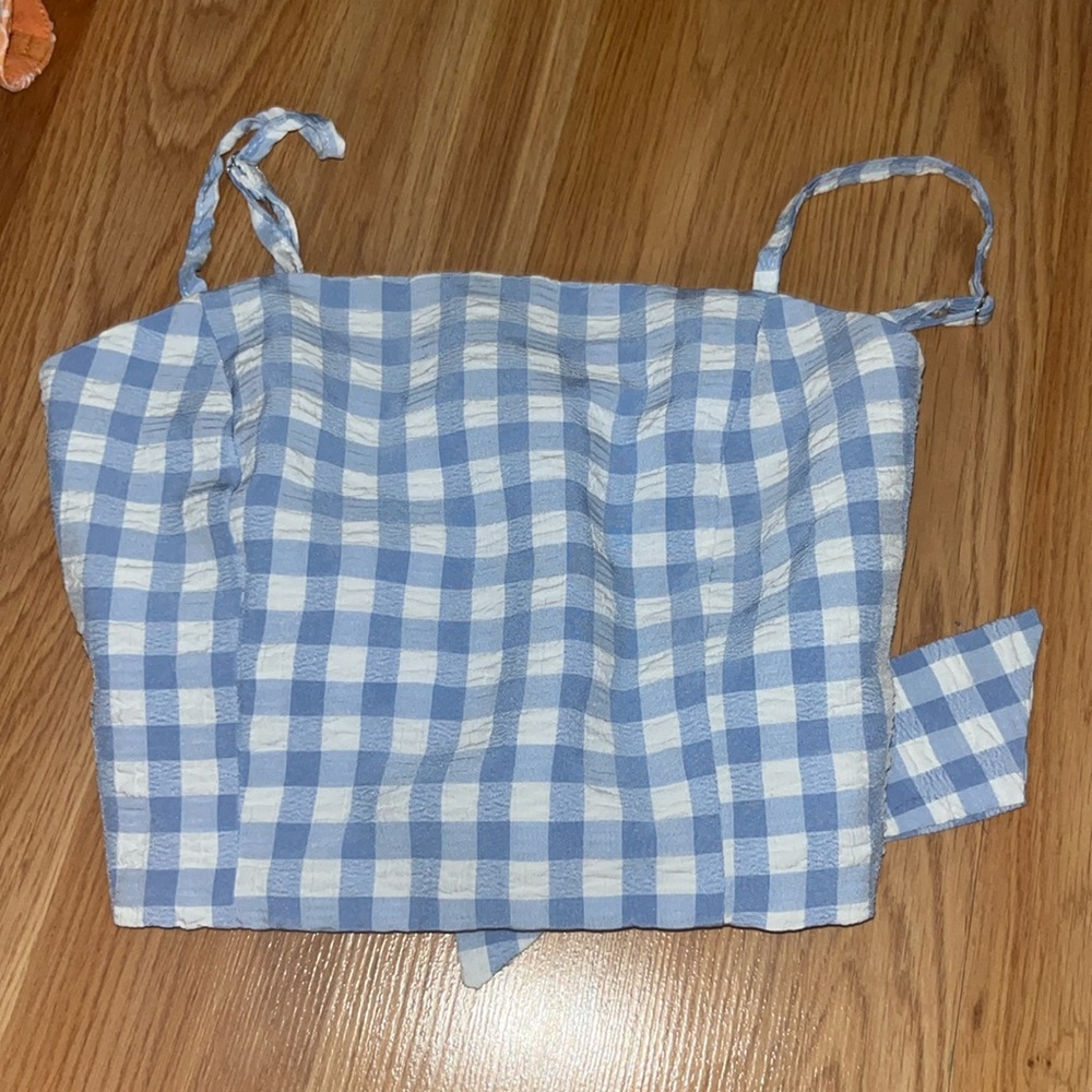 Blue and white tie top